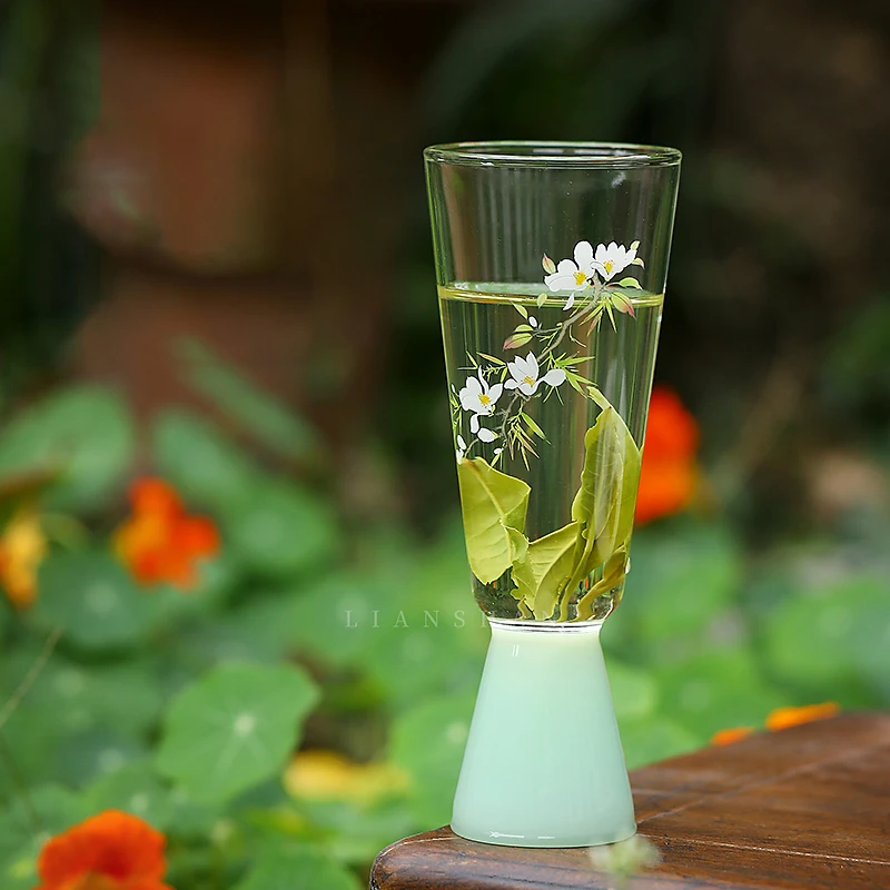 高足玉兰花茶杯家用耐高温玻璃杯防烫主人杯手工中式创意品茗杯