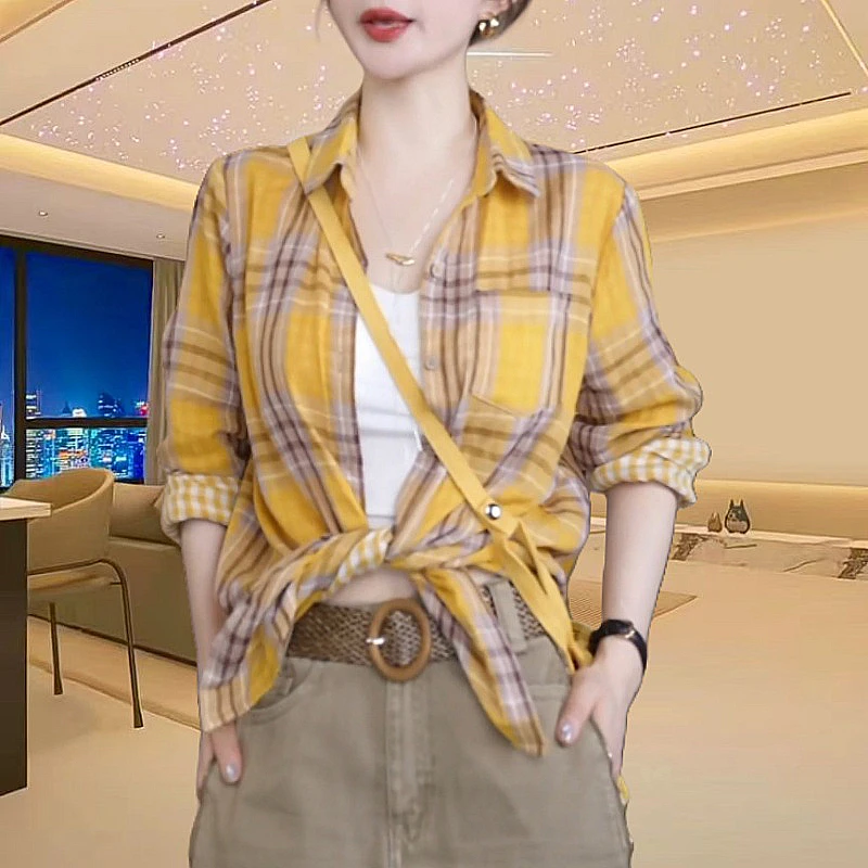 长袖】夏季薄款红心格子条纹衬衫女防晒复古新款时尚翻领宽松上衣