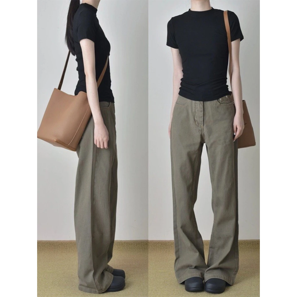 日系复古牛仔工装裤子女春秋美式高街宽松显瘦大码休闲直筒长裤