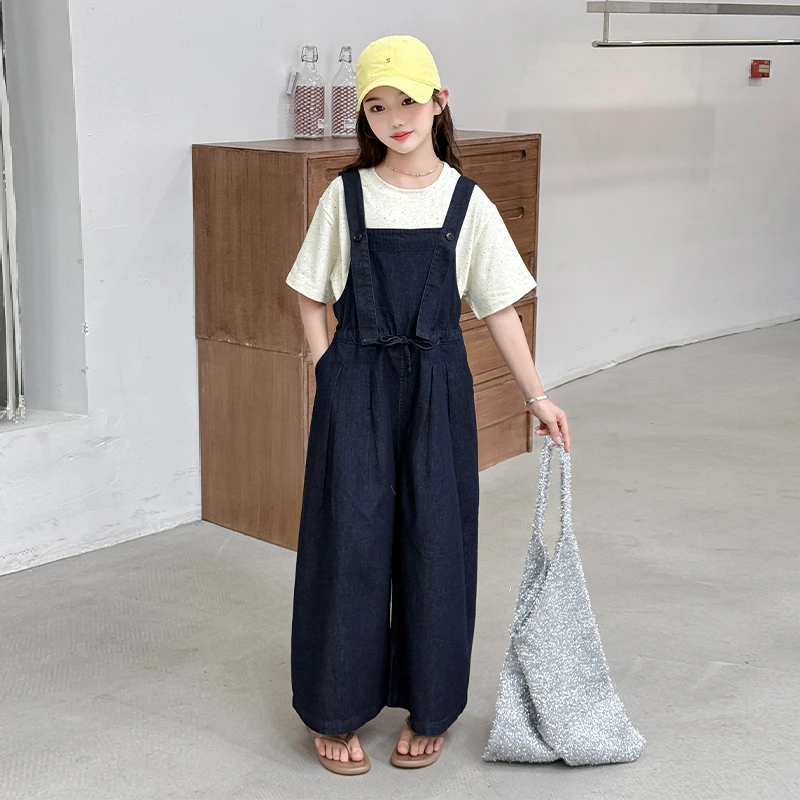 薄款牛仔背带裤儿童夏季新款洋气女大童九分阔腿裤百搭T恤两件套