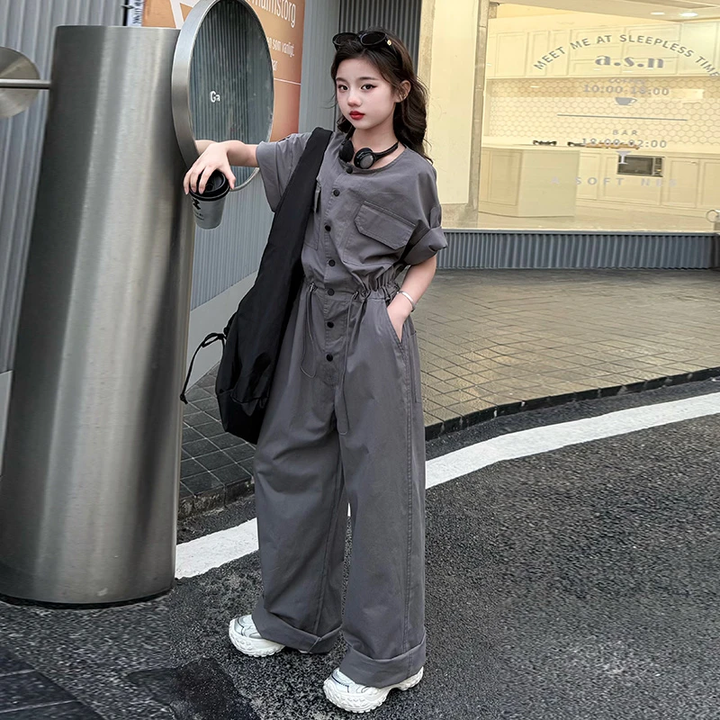 女童2025新款夏季套装工装连体裤时尚宽松显瘦韩版休闲连衣裤阔腿