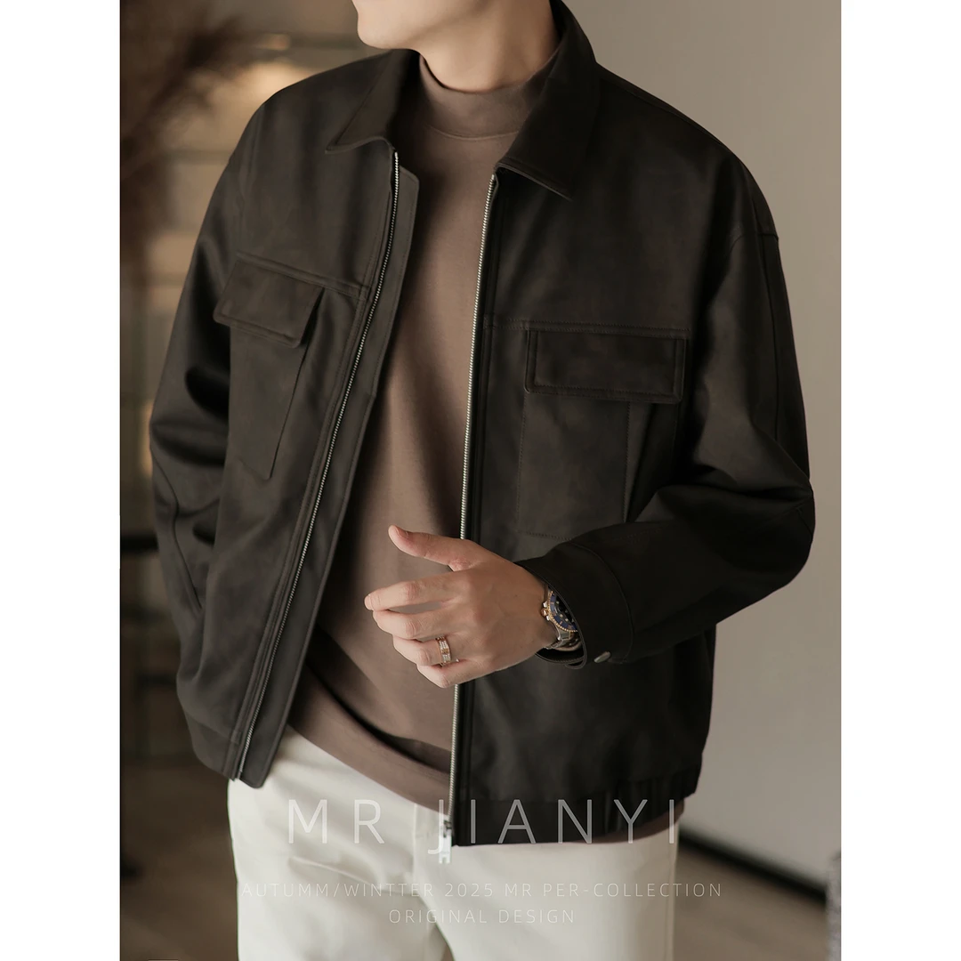 MR JIANYI 秋季「巴恩魂韵」落肩PU翻领皮夹克休闲工装皮衣外套男