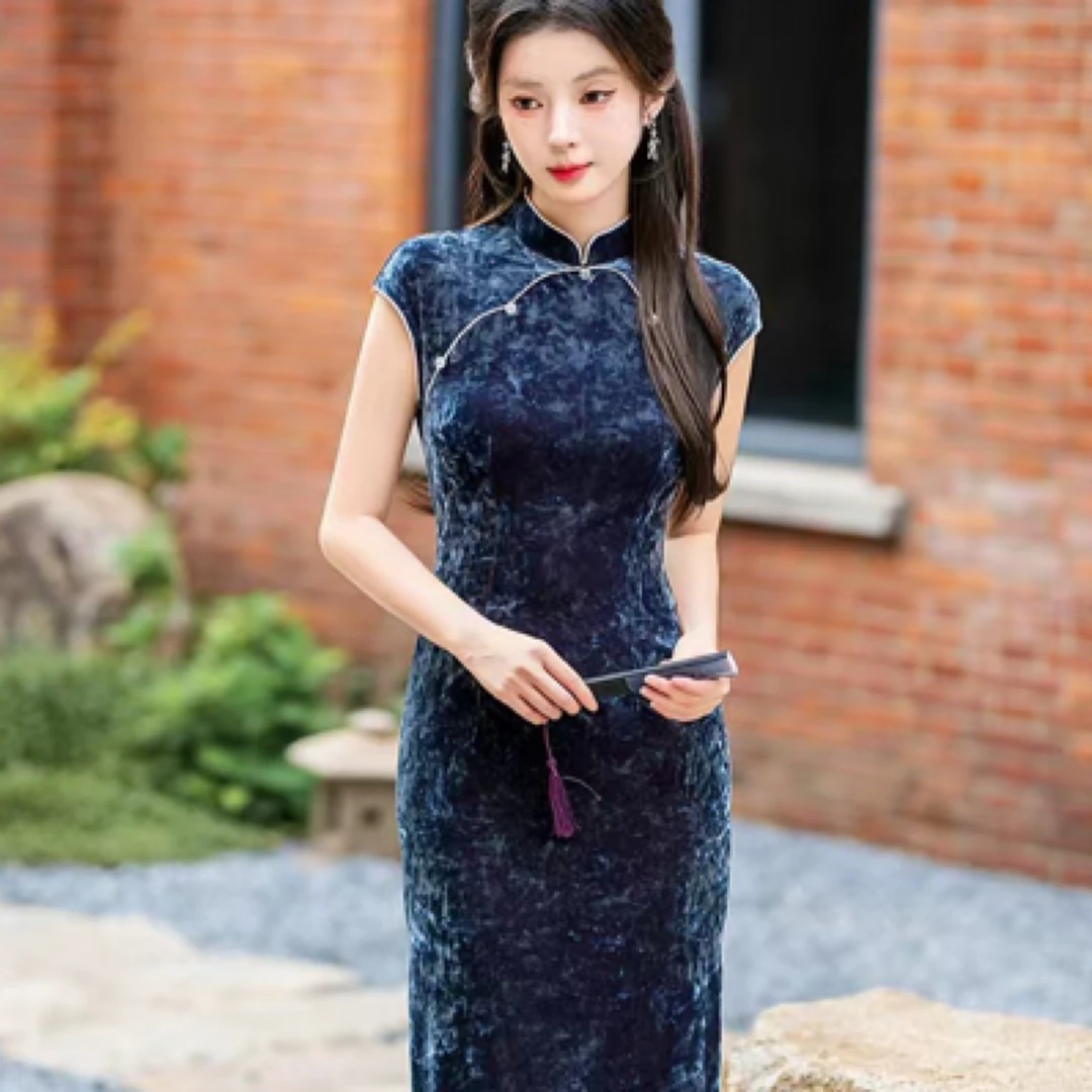 壹念蓝如意弹力绒高级修身年轻复古如意领纯色旗袍