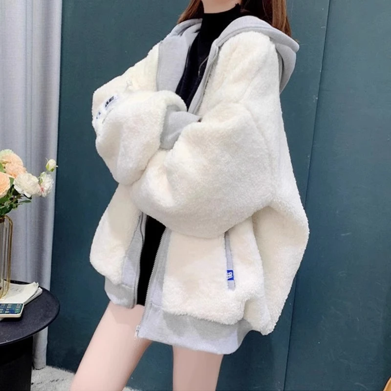 2026新款秋冬季设计感加绒加厚连帽卫衣女宽松慵懒风爆款羊羔外套