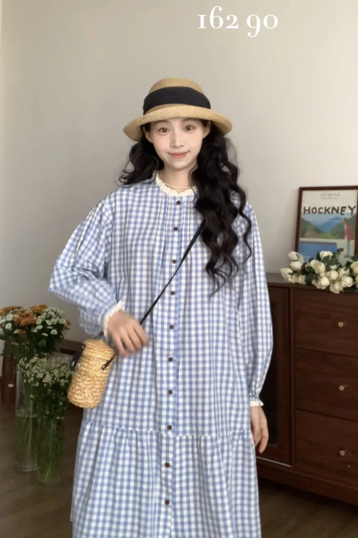 2178 “富士山顶”日系花边小立领格子连衣裙