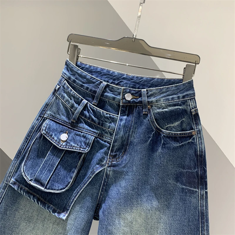 2025年秋季新款百搭宽松弯刀裤长裤不规则设计感口袋做旧牛仔裤女