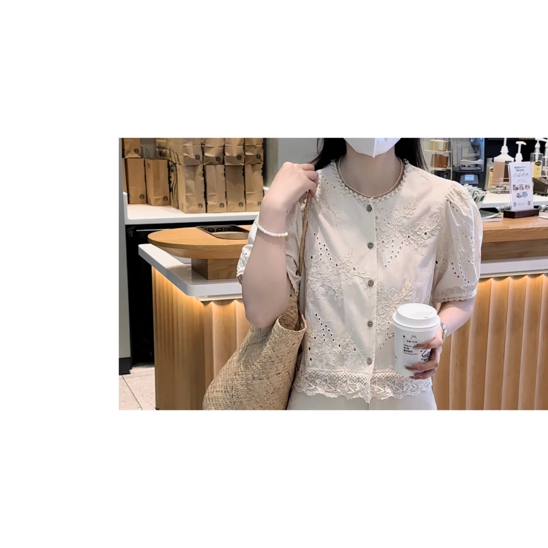 BKSTUDIO2025夏新款法式圆领重工刺绣短袖衬衫女夏季小众别致小衫