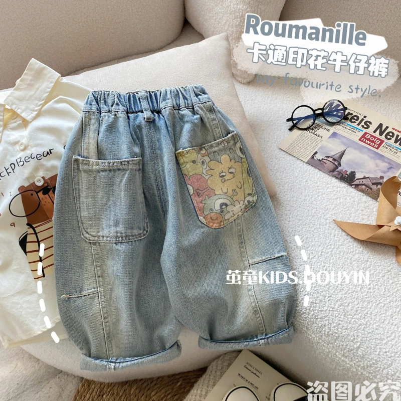 【麦麦妈】C153春秋小童卡通印花牛仔裤春季新品男女宝潮酷