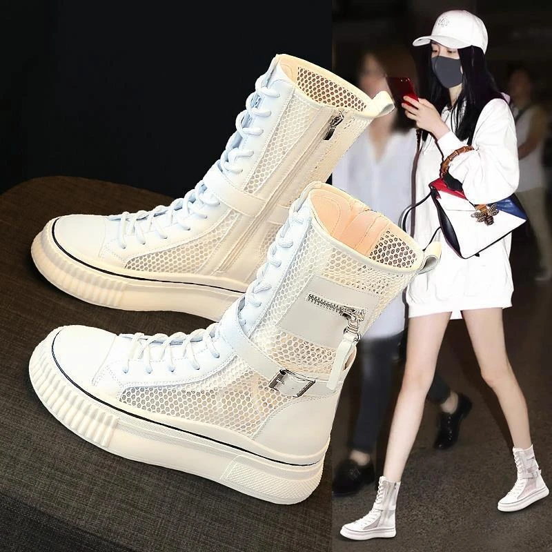 高帮软皮凉靴女2025年新款夏季薄款透气网靴英伦厚底短靴马丁靴子