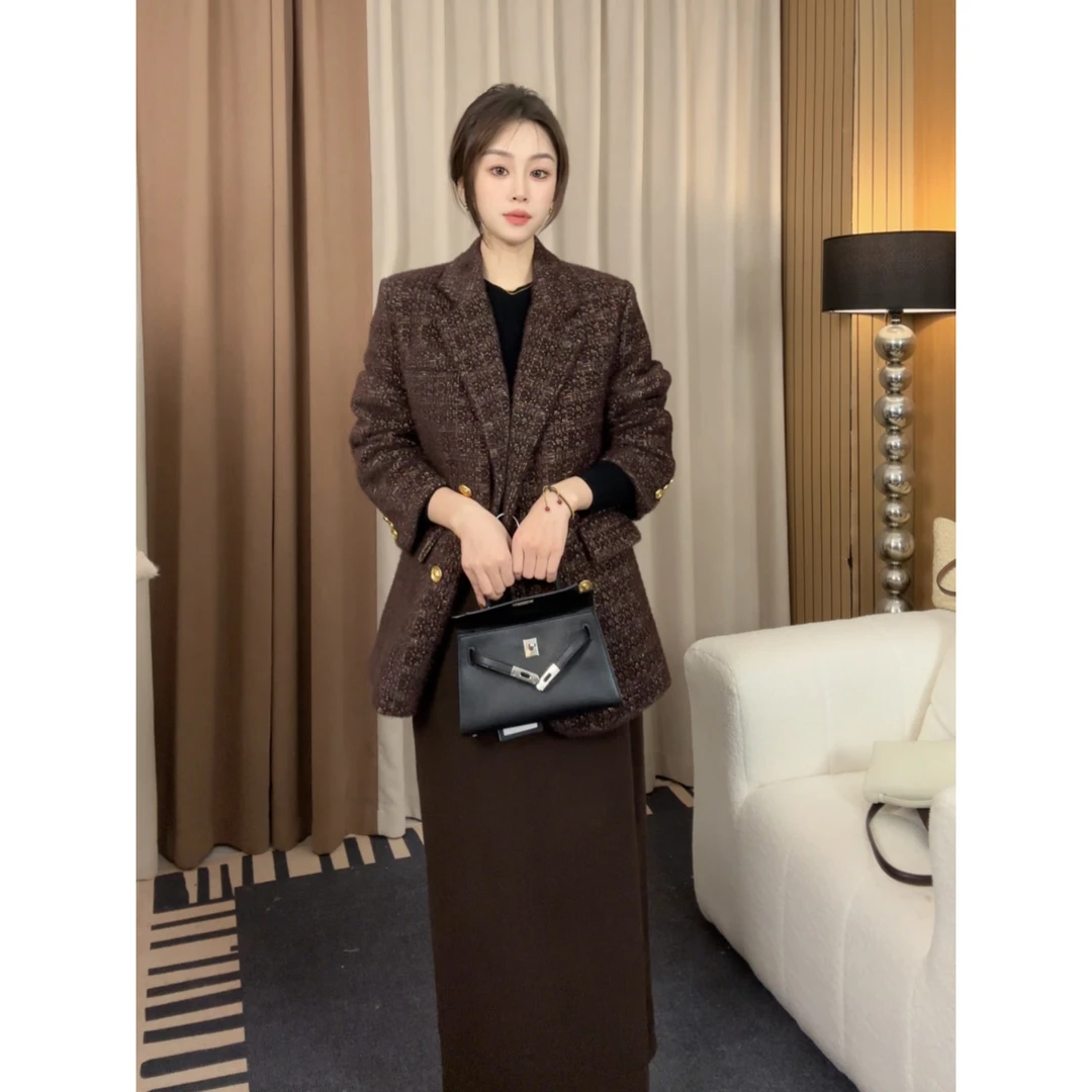 2025年秋冬季蓝金西装外套女宽松呢子西服