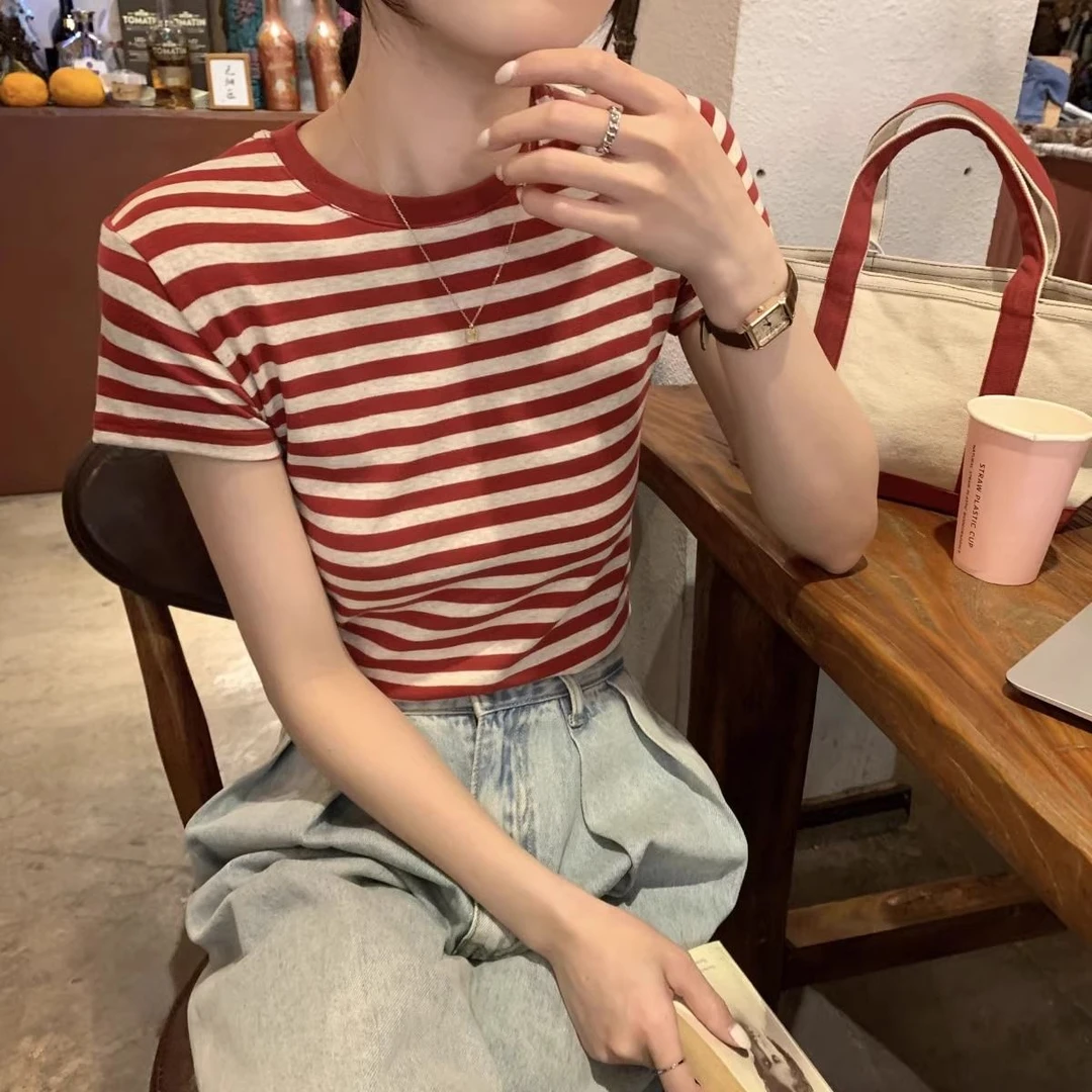 条纹拼接短袖复古条纹短款T恤百搭韩版打底衫清凉感