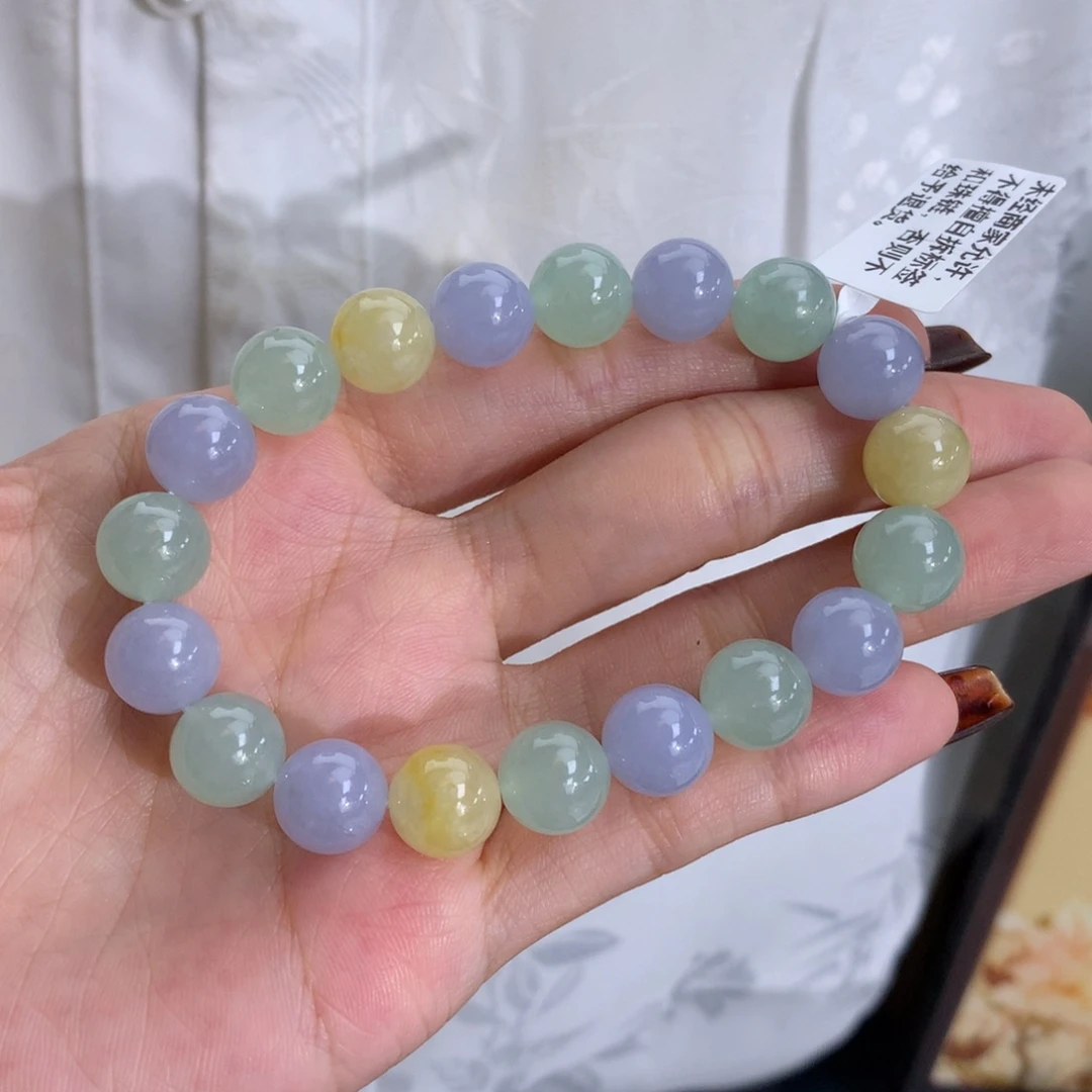 A***y翡翠未镶嵌手串卡10胶润紫绿黄手串