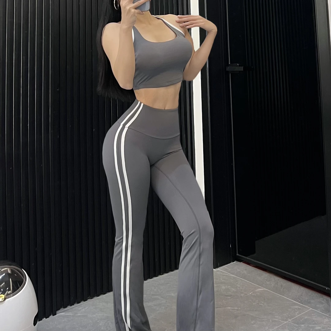 跑步运动健身撞色高腰微喇提臀露背瑜伽服