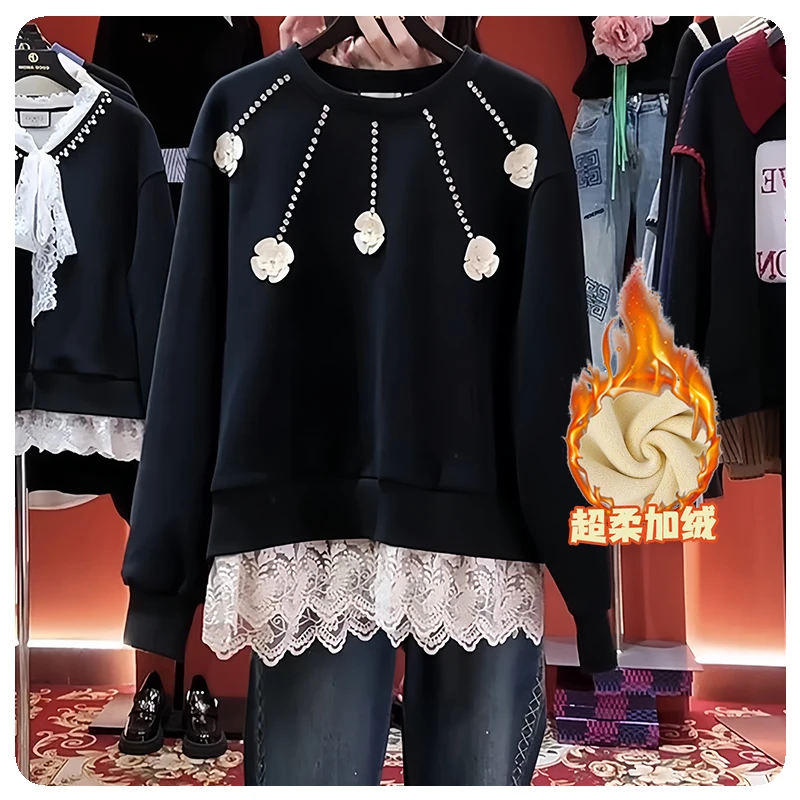 加绒加厚假两件卫衣女2025秋冬新款时尚蕾丝拼接宽松显瘦保暖上衣