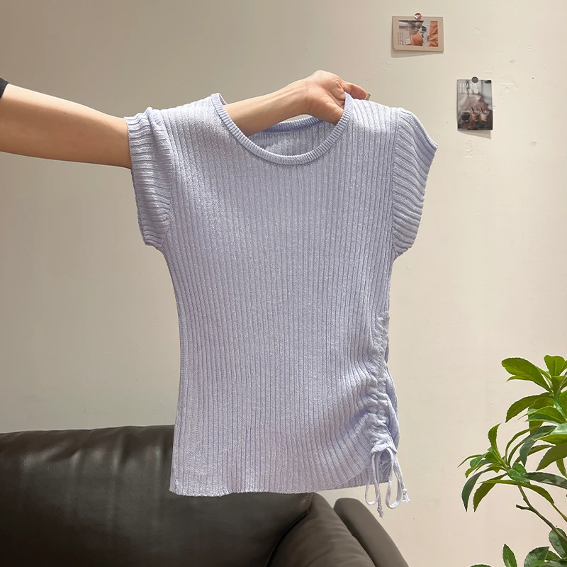 2025夏季新款辣妹薄款圆领抽绳设计感针织短袖T恤女修身显瘦上衣