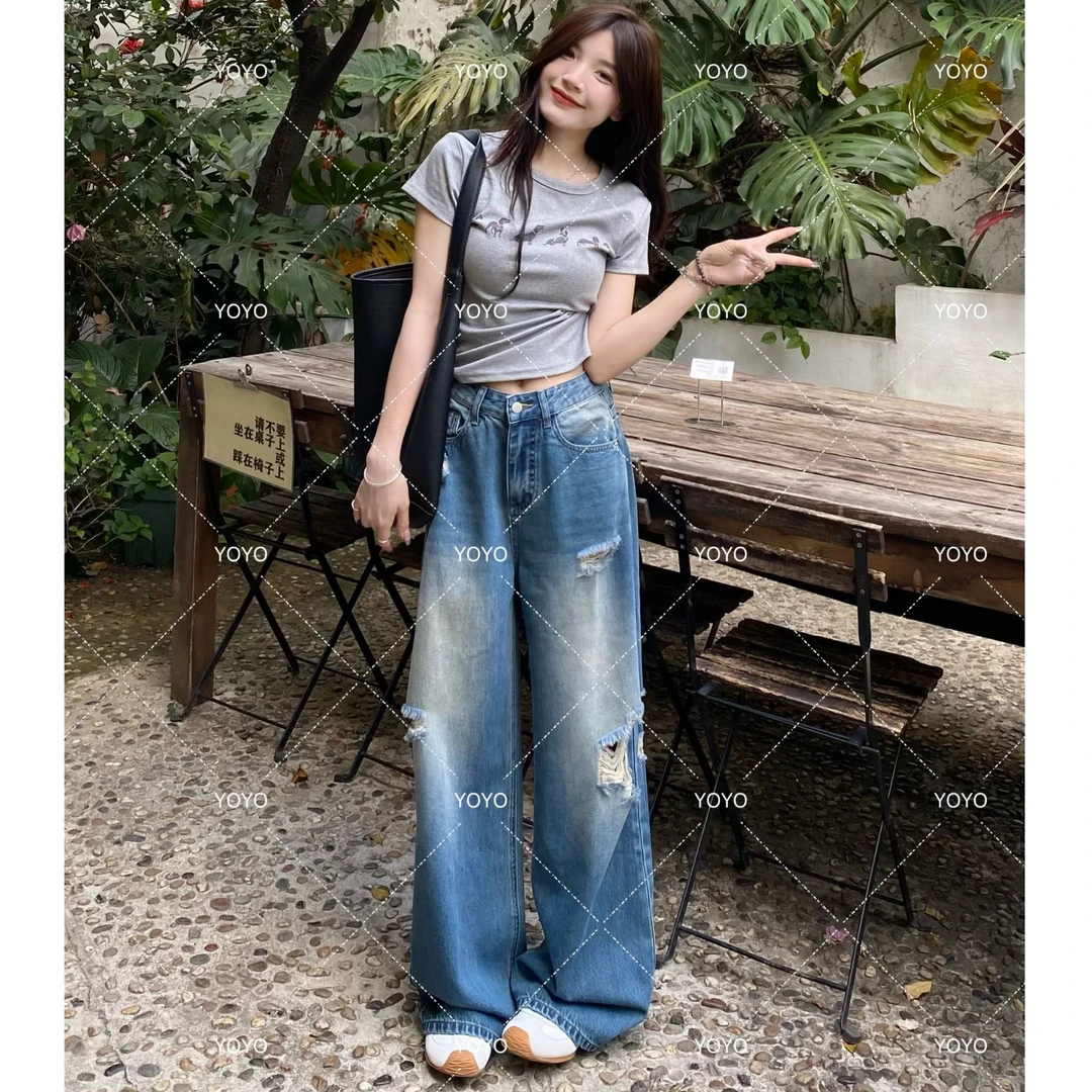 YOYO自制【破洞牛仔】春夏2025直筒显瘦宽松设计感阔腿牛仔拖地裤