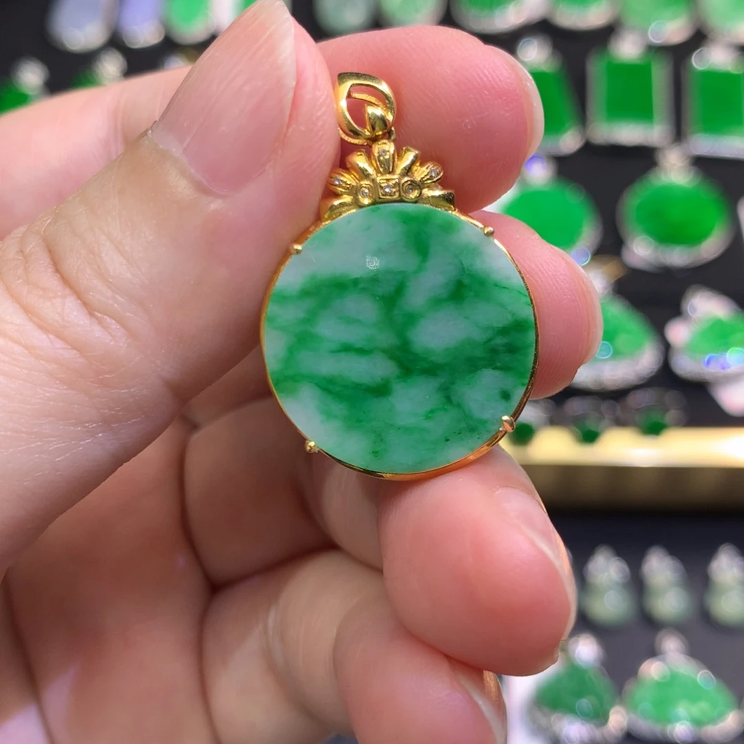 翡翠18K金镶嵌吊坠(不含链)有石纹