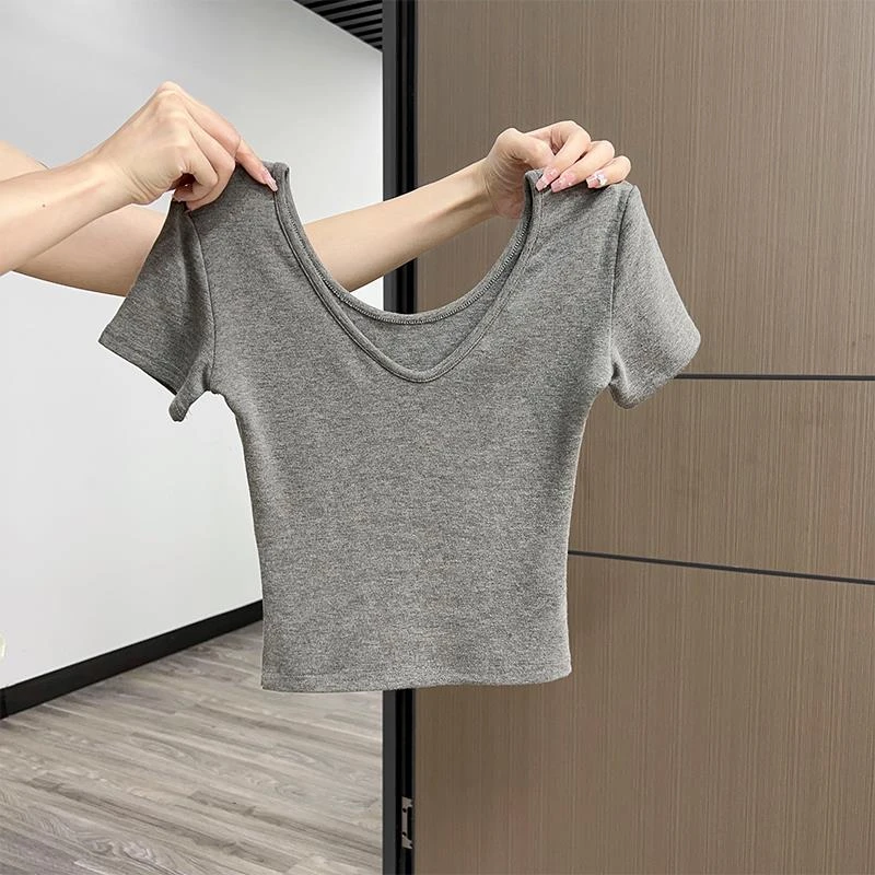 夏季大领口露锁骨前后两穿短袖正肩上衣纯欲短款露脐v领修身T恤女