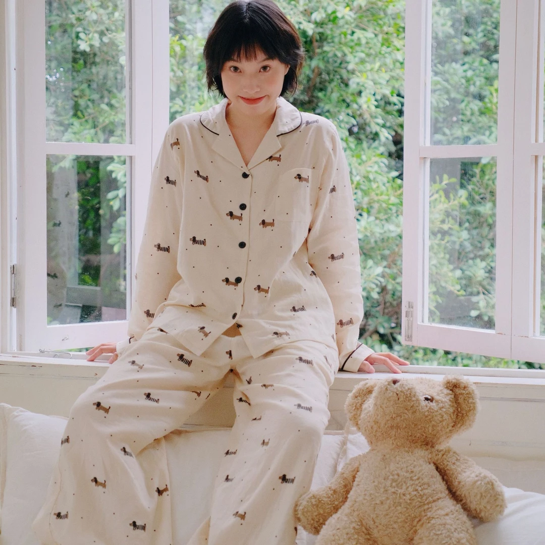 2025新款ing风棉纱女士纯棉睡衣春秋季长袖韩版宽松休闲家居服