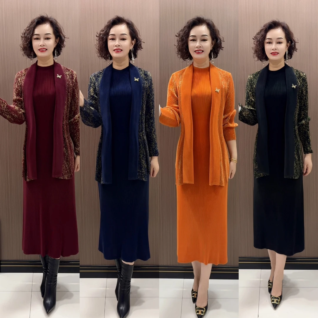 2588款时尚气质洋气中长款宽松显瘦它褶皱两件套套装