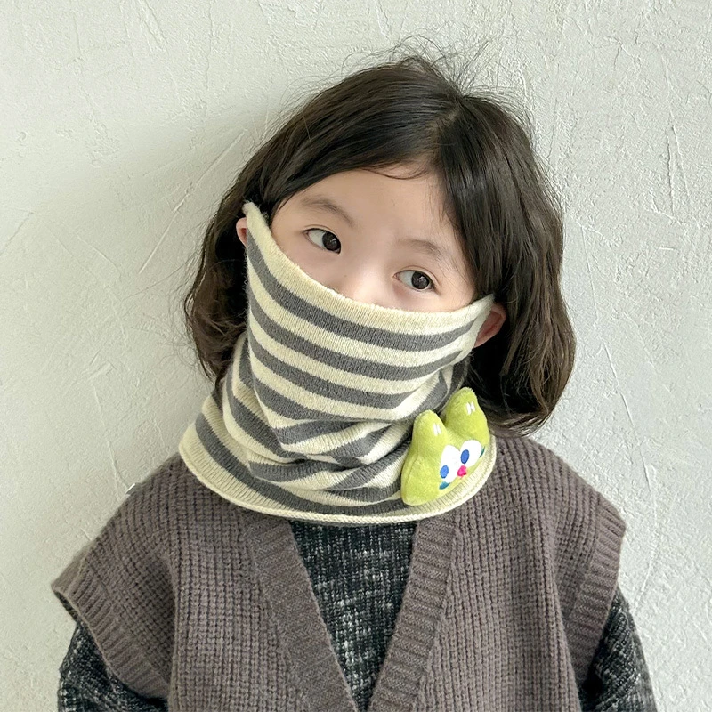 儿童围脖针织防风保暖护颈宝宝脖套秋冬季条纹洋气卡通男女童围巾