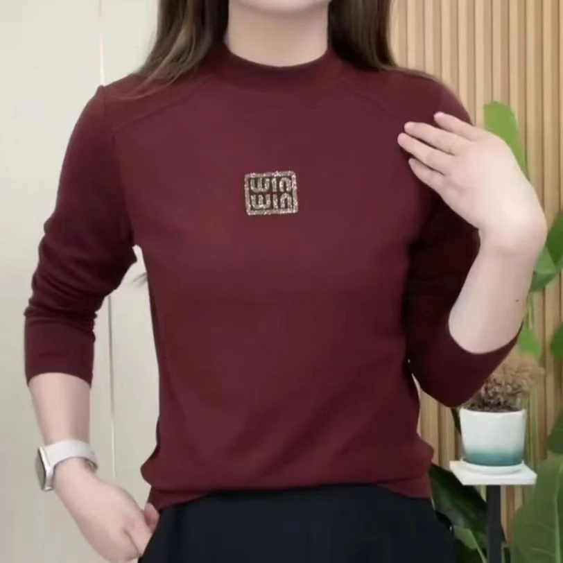 新款正肩长袖T恤女装百搭时尚简约镶钻打底衫上衣