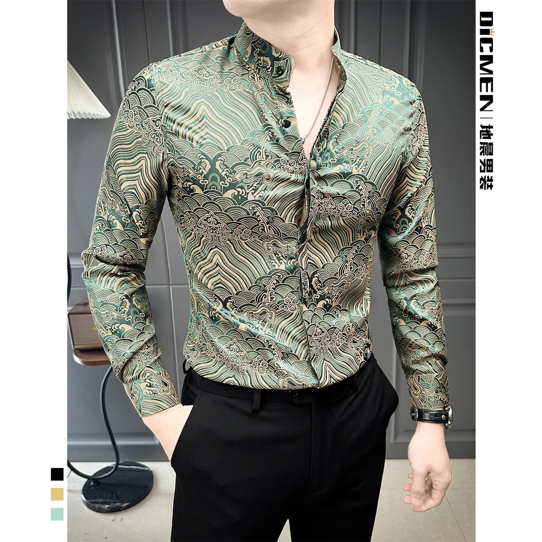 国风祥云印花衬衫男款长袖爆款2025新款立领中式男士衬衣国潮上衣