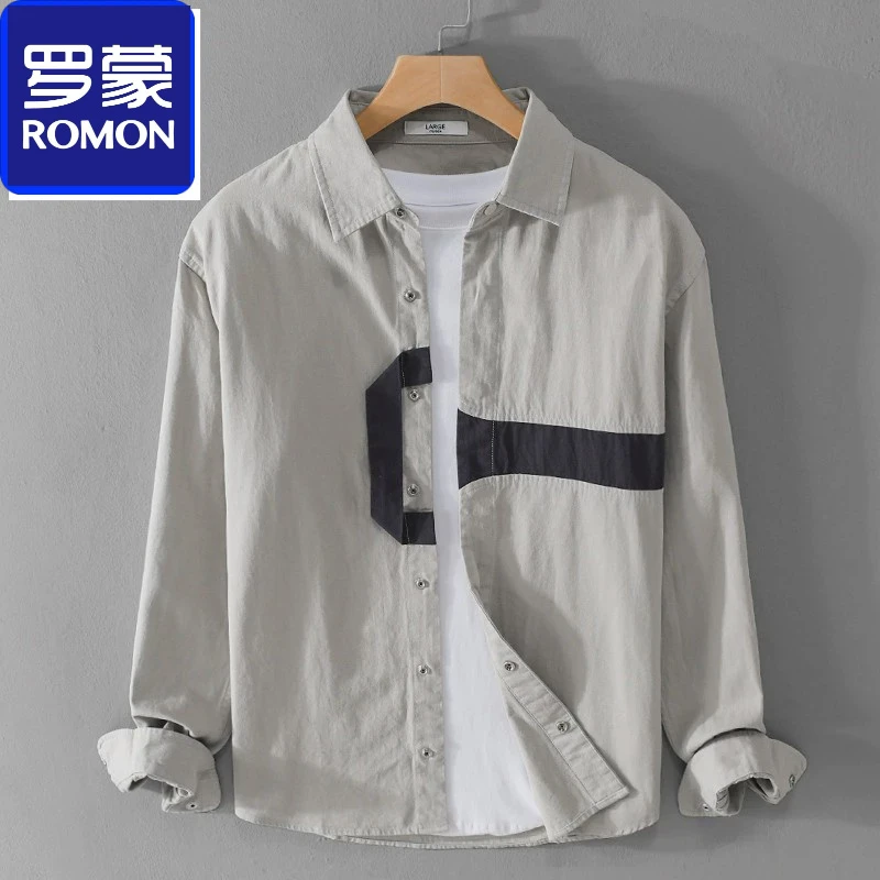 罗蒙拼色工装！舒适设计感！秋季日系复古休闲纯棉长袖衬衫外