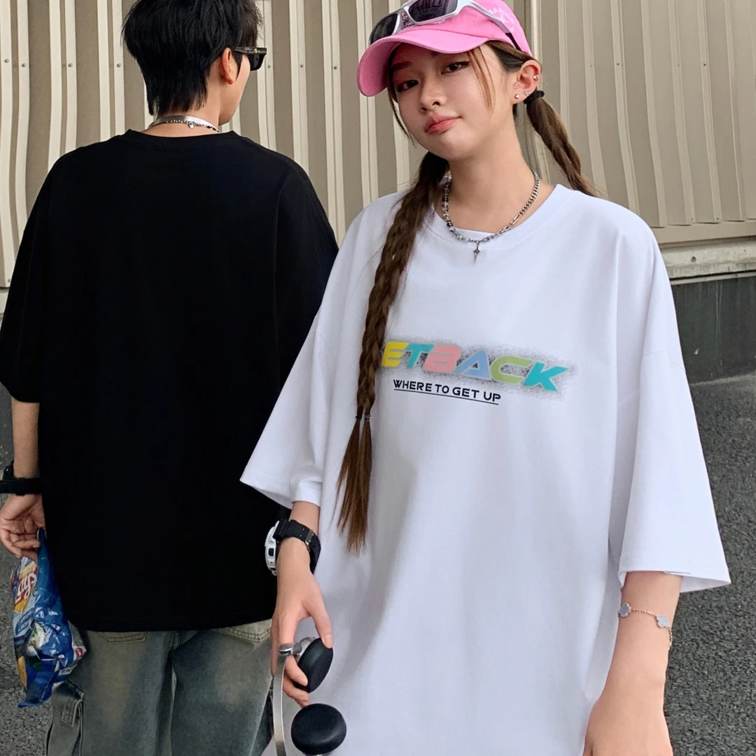 夏季青少年学生新款彩虹字潮流百搭休闲短袖圆领大童T恤半袖ins