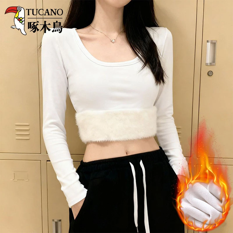 啄木鸟秋冬季方领修身显瘦长袖加绒保暖打底衫女内搭加厚保暖上衣