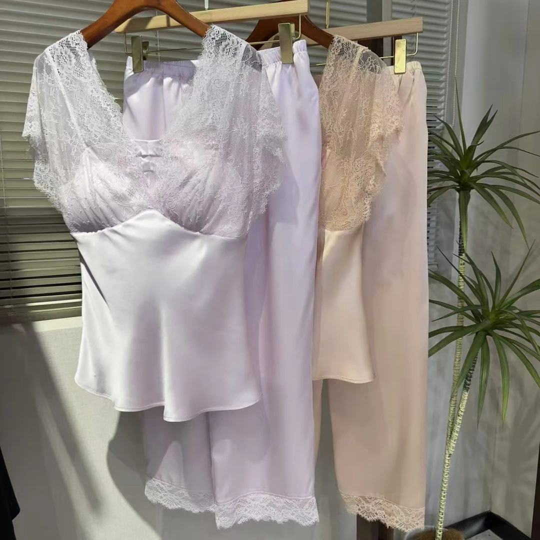 【日月禾】100%桑蚕丝短袖长裤重磅睡衣居家服T2436