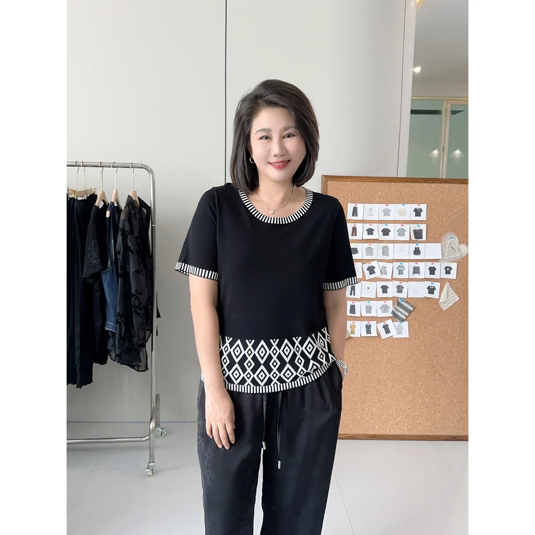 微胖女装【纹边芳影】麻感冰丝复古民族风正肩半袖夏季上衣23068