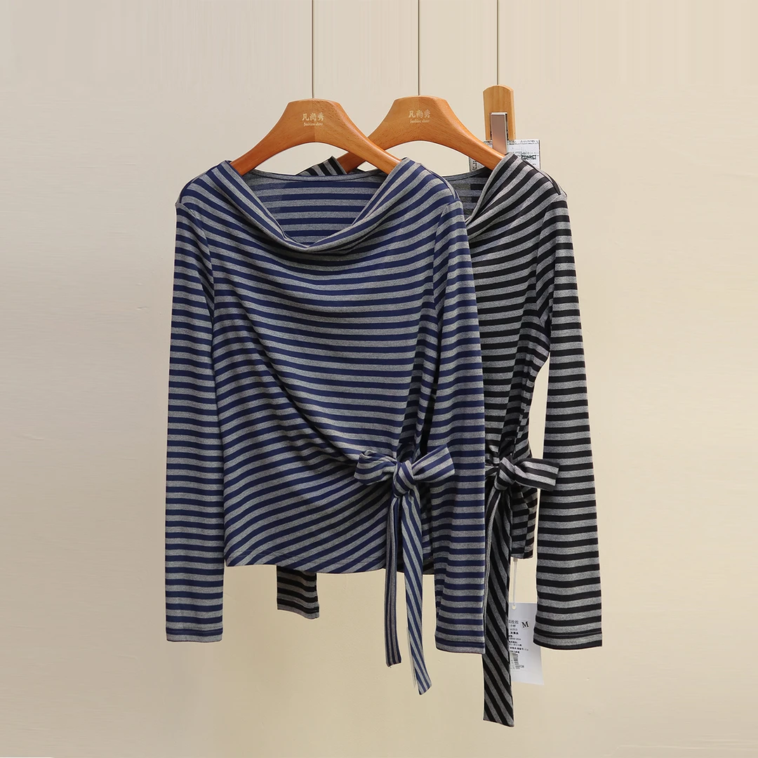韩版一字肩条纹长袖t恤女2025秋季新款设计感别致绑带收腰上衣潮