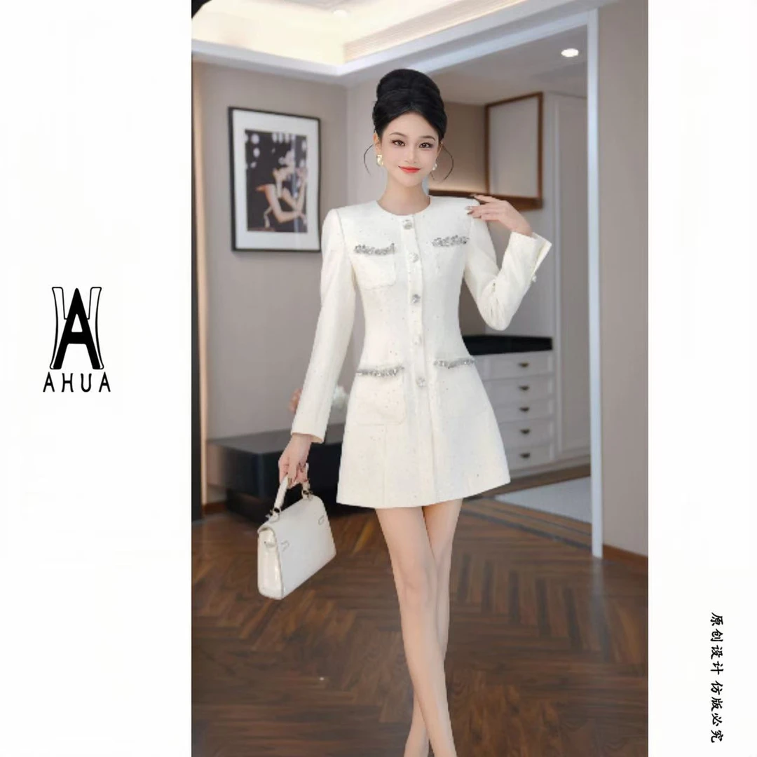 【花花原创】秋冬新款白色小香风连衣裙精致名媛法式21908