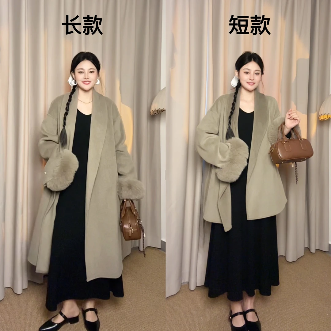 【两只鱼】秋冬可拆羊毛内胆宽松百搭双面呢羊毛大衣+同色系毛领005