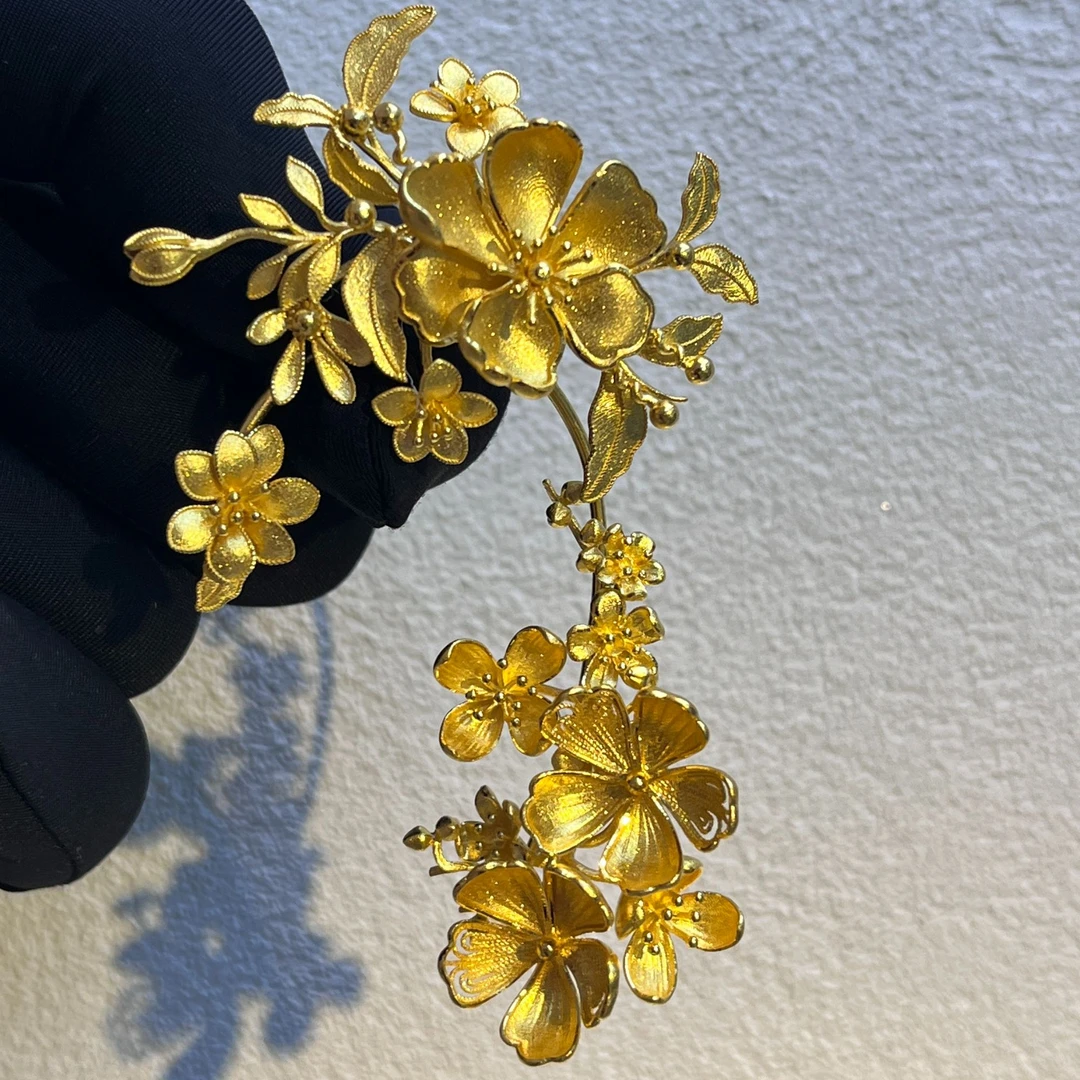 鳳喆古法錾刻镂空花丝工艺设计师款花花婚嫁五金国风耳挂足金