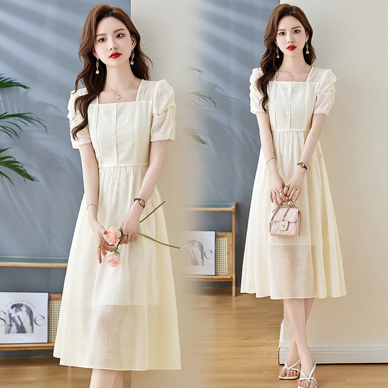 方领夏季中长裙法式2025连衣裙洋气休闲风气质显瘦女法式裙子夏季