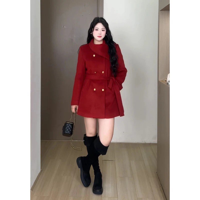 【曼妙女王】观与胖MM千金风翻驳领系带毛呢夹羽绒外套 DM35816