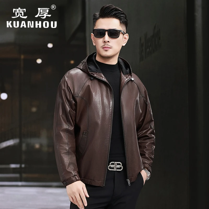 新款海宁真皮皮衣男头层绵羊皮短款连帽机车皮夹克休闲外套薄款
