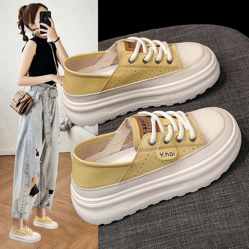 欧若风夏季2025新款增高厚底小白鞋女两穿透气百搭休闲板鞋休闲鞋