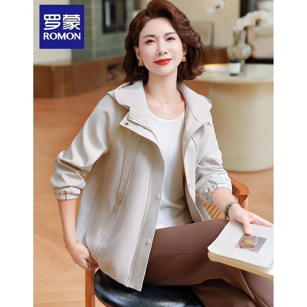 罗蒙妈妈春秋季夹克外套女大码2025新款中老年女秋装连帽时尚风衣