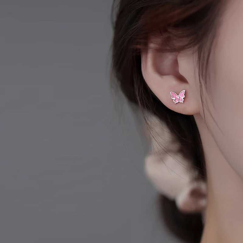 足银耳饰 999纯银粉翼蝴蝶耳钉女2025新款爆款小众可爱简约耳环