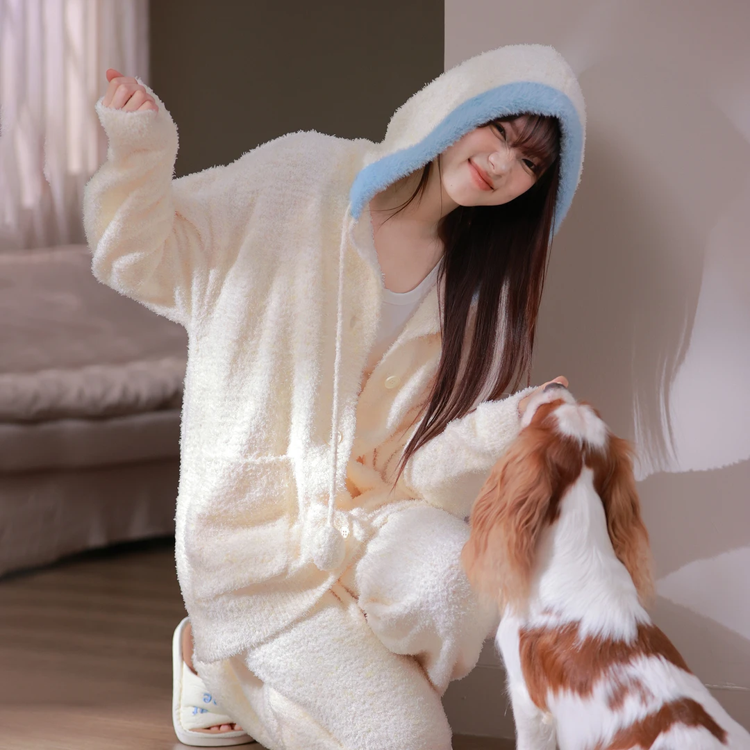 马克公主半边绒睡衣女秋冬款软萌甜美连帽毛绒防静电可外穿家居服