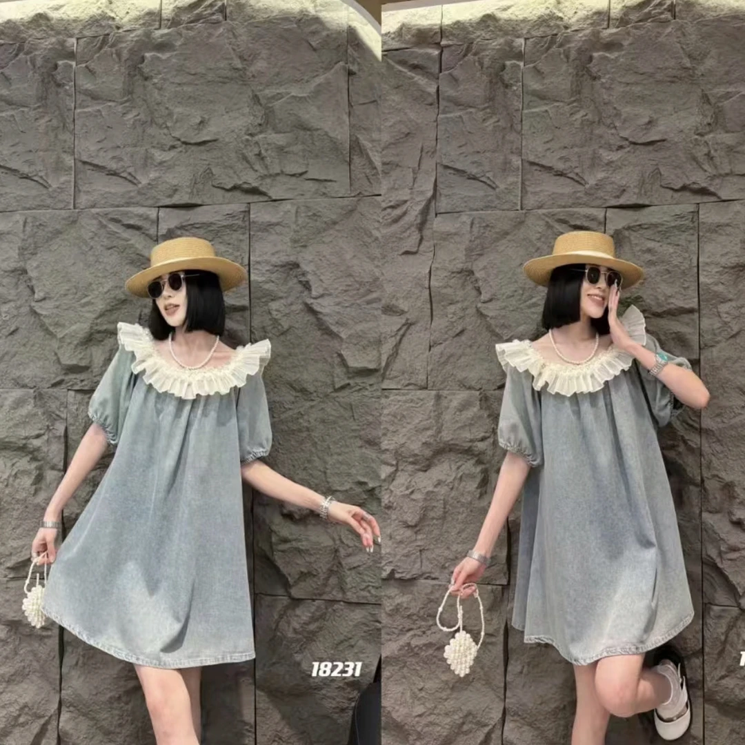 260-300斤 衣长92胸围160 爆火A版花边领可一字肩薄款牛仔短裙