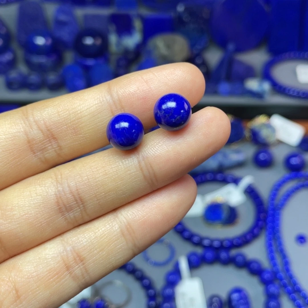 青金石银S925镶嵌9mm耳饰