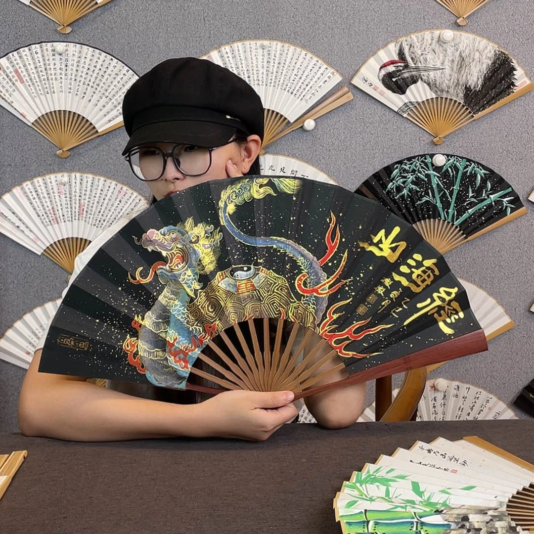 国画10寸红木-纯手绘-文玩扇骨（默认粘好）