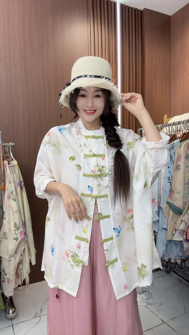 611 新中式国风盘扣衬衫印花气质立领外套