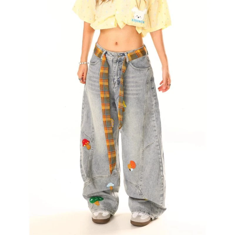 美式格子飘带蘑菇刺绣牛仔裤男女秋季做旧宽松阔腿裤显瘦个性长裤