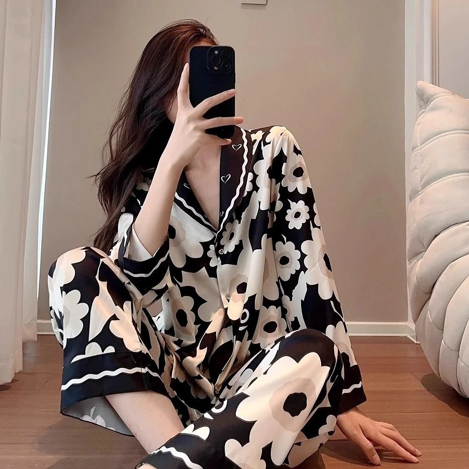 高级感冰丝花卉睡衣女春秋季长袖宽松CWS家居服