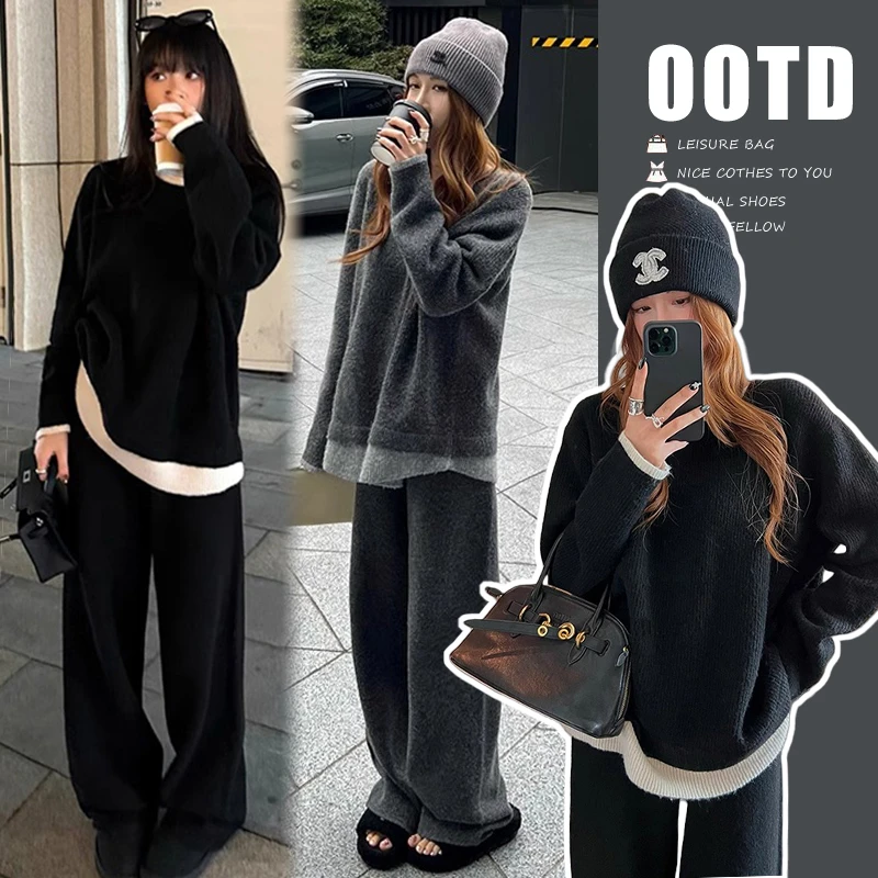 时尚孕妇秋冬毛衣懒人套装韩版时尚假两件毛衣上衣+阔腿裤两件套